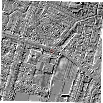 Shaded relief map of the ground around HU80JT, computed from Environment Agency LiDAR. The ground here sits at about 2 m above sea level and falls 5 m across the surrounding 800 m. Surface water reaching this point runs off ground lying to the south-west, 1.3 m higher.