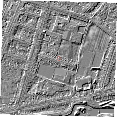 Shaded relief map of the ground around HU80LA, computed from Environment Agency LiDAR. The ground here sits at about 2 m above sea level and falls 3 m across the surrounding 800 m. Surface water reaching this point runs off ground lying to the south-east, 1.6 m higher.