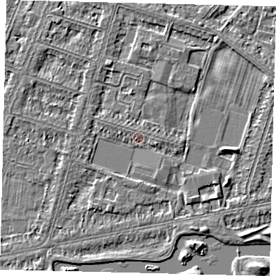 Shaded relief map of the ground around HU80LB, computed from Environment Agency LiDAR. The ground here sits at about 2 m above sea level and falls 3 m across the surrounding 800 m. Surface water reaching this point runs off ground lying to the east, 2.3 m higher.
