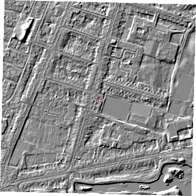 Shaded relief map of the ground around HU80LD, computed from Environment Agency LiDAR. The ground here sits at about 2 m above sea level and falls 3 m across the surrounding 800 m. Surface water reaching this point runs off ground lying to the south-east, 1.8 m higher.