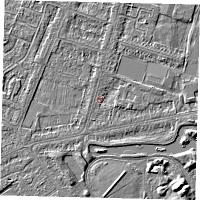 Shaded relief map of the ground around HU80LE, computed from Environment Agency LiDAR. The ground here sits at about 2 m above sea level and falls 5 m across the surrounding 800 m. Surface water reaching this point runs off ground lying to the south-south-west, 1.5 m higher.