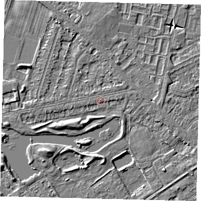 Shaded relief map of the ground around HU80LG, computed from Environment Agency LiDAR. The ground here sits at about 2 m above sea level and falls 5 m across the surrounding 800 m. Surface water reaching this point runs off ground lying to the south-west, 2.1 m higher.