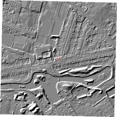 Shaded relief map of the ground around HU80LH, computed from Environment Agency LiDAR. The ground here sits at about 2 m above sea level and falls 5 m across the surrounding 800 m. Surface water reaching this point runs off ground lying to the north-north-east, 1.5 m higher.