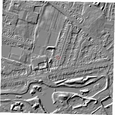 Shaded relief map of the ground around HU80LJ, computed from Environment Agency LiDAR. The ground here sits at about 2 m above sea level and falls 4 m across the surrounding 800 m. Surface water reaching this point runs off ground lying to the north-north-west, 1.0 m higher.