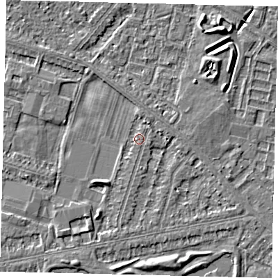 Shaded relief map of the ground around HU80LN, computed from Environment Agency LiDAR. The ground here sits at about 2 m above sea level and falls 7 m across the surrounding 800 m. The ground contributing surface water to this point lies to the east.