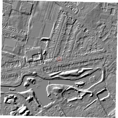 Shaded relief map of the ground around HU80LP, computed from Environment Agency LiDAR. The ground here sits at about 2 m above sea level and falls 5 m across the surrounding 800 m. Surface water reaching this point runs off ground lying to the north-north-east, 1.5 m higher.