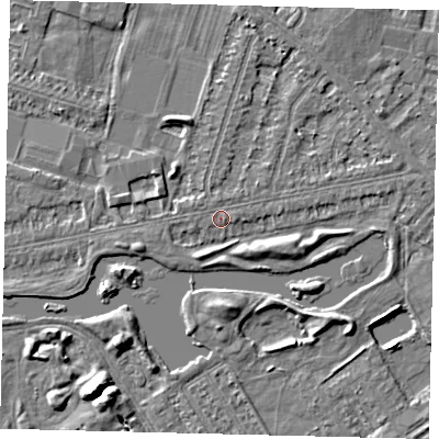 Shaded relief map of the ground around HU80LQ, computed from Environment Agency LiDAR. The ground here sits at about 2 m above sea level and falls 5 m across the surrounding 800 m. Surface water reaching this point runs off ground lying to the east-south-east, 2.1 m higher.