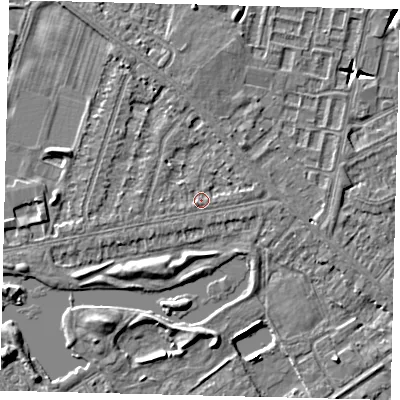 Shaded relief map of the ground around HU80LR, computed from Environment Agency LiDAR. The ground here sits at about 2 m above sea level and falls 6 m across the surrounding 800 m. Surface water reaching this point runs off ground lying to the east-north-east, 1.1 m higher.