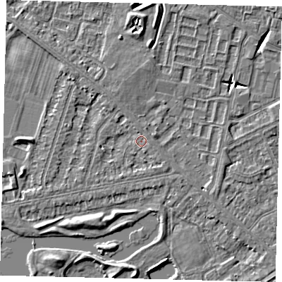 Shaded relief map of the ground around HU80LS, computed from Environment Agency LiDAR. The ground here sits at about 2 m above sea level and falls 5 m across the surrounding 800 m. Surface water reaching this point runs off ground lying to the south-east, 1.1 m higher.