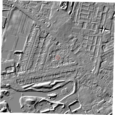 Shaded relief map of the ground around HU80LT, computed from Environment Agency LiDAR. The ground here sits at about 2 m above sea level and falls 6 m across the surrounding 800 m. Surface water reaching this point runs off ground lying to the east-south-east, 1.1 m higher.