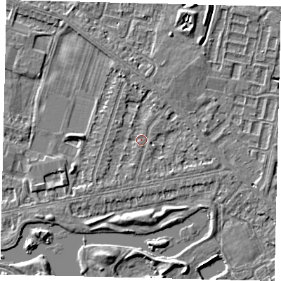Shaded relief map of the ground around HU80LU, computed from Environment Agency LiDAR. The ground here sits at about 2 m above sea level and falls 5 m across the surrounding 800 m. Surface water reaching this point runs off ground lying to the north, 1.5 m higher.
