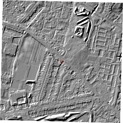 Shaded relief map of the ground around HU80LX, computed from Environment Agency LiDAR. The ground here sits at about 2 m above sea level and falls 7 m across the surrounding 800 m. Surface water reaching this point runs off ground lying to the west-north-west, 1.5 m higher.