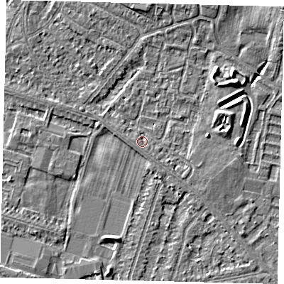 Shaded relief map of the ground around HU80LZ, computed from Environment Agency LiDAR. The ground here sits at about 2 m above sea level and falls 8 m across the surrounding 800 m. Surface water reaching this point runs off ground lying to the north-east, 3.4 m higher.