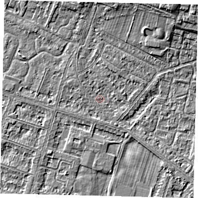 Shaded relief map of the ground around HU80NA, computed from Environment Agency LiDAR. The ground here sits at about 2 m above sea level and falls 7 m across the surrounding 800 m. Surface water reaching this point runs off ground lying to the east-north-east, 0.9 m higher.