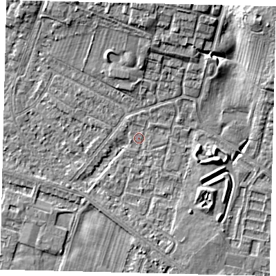 Shaded relief map of the ground around HU80QD, computed from Environment Agency LiDAR. The ground here sits at about 2 m above sea level and falls 12 m across the surrounding 800 m. Surface water reaching this point runs off ground lying to the east-south-east, 3.7 m higher.