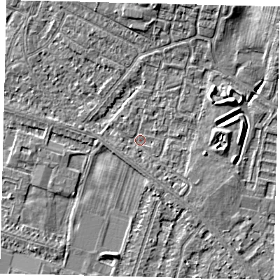 Shaded relief map of the ground around HU80QG, computed from Environment Agency LiDAR. The ground here sits at about 2 m above sea level and falls 8 m across the surrounding 800 m. Surface water reaching this point runs off ground lying to the east-north-east, 3.4 m higher.