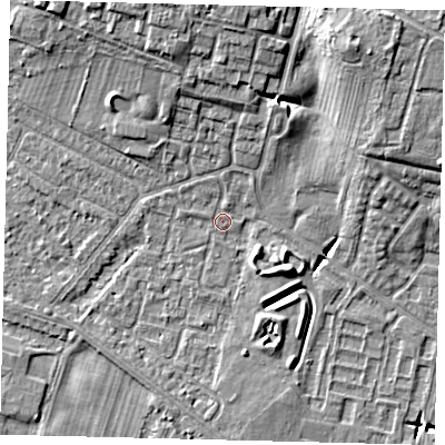 Shaded relief map of the ground around HU80QL, computed from Environment Agency LiDAR. The ground here sits at about 2 m above sea level and falls 12 m across the surrounding 800 m. Surface water reaching this point runs off ground lying to the north-east, 1.3 m higher.