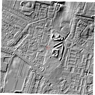 Shaded relief map of the ground around HU80QN, computed from Environment Agency LiDAR. The ground here sits at about 2 m above sea level and falls 10 m across the surrounding 800 m. Surface water reaching this point runs off ground lying to the east-south-east, 2.1 m higher.