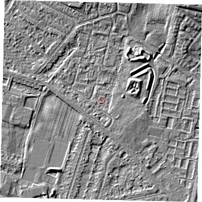 Shaded relief map of the ground around HU80QQ, computed from Environment Agency LiDAR. The ground here sits at about 2 m above sea level and falls 9 m across the surrounding 800 m. Surface water reaching this point runs off ground lying to the east, 1.6 m higher.