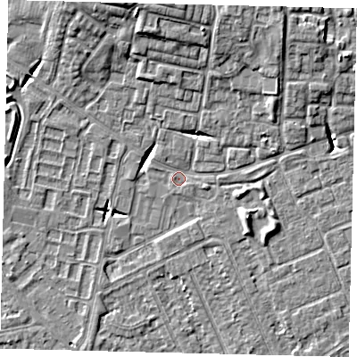 Shaded relief map of the ground around HU80RA, computed from Environment Agency LiDAR. The ground here sits at about 2 m above sea level and falls 9 m across the surrounding 800 m. Surface water reaching this point runs off ground lying to the north, 8.4 m higher.