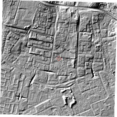Shaded relief map of the ground around HU80RB, computed from Environment Agency LiDAR. The ground here sits at about 3 m above sea level and falls 12 m across the surrounding 800 m. Surface water reaching this point runs off ground lying to the north, 5.1 m higher.