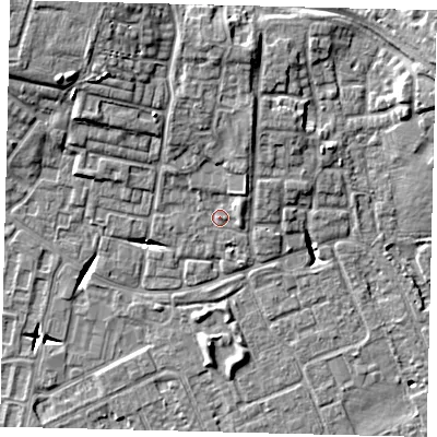 Shaded relief map of the ground around HU80RG, computed from Environment Agency LiDAR. The ground here sits at about 3 m above sea level and falls 11 m across the surrounding 800 m. Surface water reaching this point runs off ground lying to the north-north-east, 2.6 m higher.