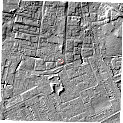 Shaded relief map of the ground around HU80RL, computed from Environment Agency LiDAR. The ground here sits at about 2 m above sea level and falls 11 m across the surrounding 800 m. Surface water reaching this point runs off ground lying to the north, 4.5 m higher.