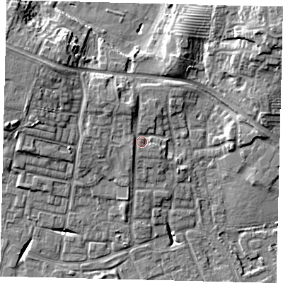 Shaded relief map of the ground around HU80RS, computed from Environment Agency LiDAR. The ground here sits at about 6 m above sea level and falls 14 m across the surrounding 800 m. Surface water reaching this point runs off ground lying to the west-south-west, 1.4 m higher.
