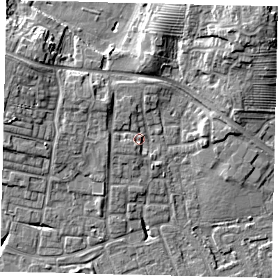 Shaded relief map of the ground around HU80RT, computed from Environment Agency LiDAR. The ground here sits at about 4 m above sea level and falls 14 m across the surrounding 800 m. Surface water reaching this point runs off ground lying to the south-south-west, 3.1 m higher.