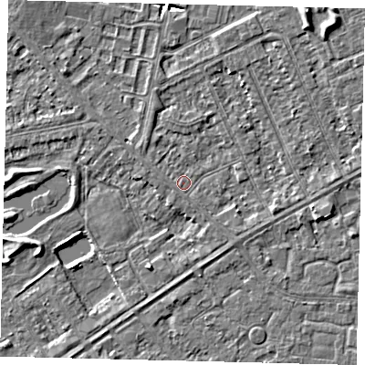 Shaded relief map of the ground around HU80SA, computed from Environment Agency LiDAR. The ground here sits at about 2 m above sea level and falls 6 m across the surrounding 800 m. Surface water reaching this point runs off ground lying to the east-south-east, 1.4 m higher.