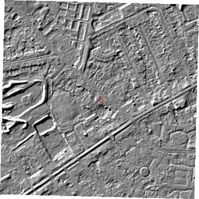 Shaded relief map of the ground around HU80SB, computed from Environment Agency LiDAR. The ground here sits at about 2 m above sea level and falls 3 m across the surrounding 800 m. Surface water reaching this point runs off ground lying to the south-south-west, 2.2 m higher.