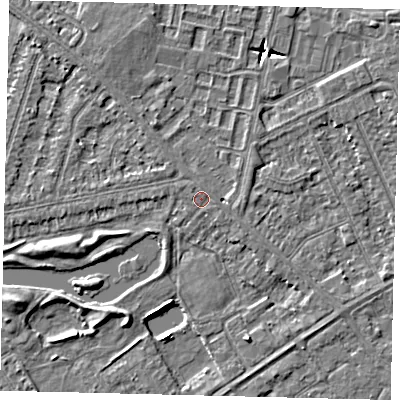 Shaded relief map of the ground around HU80SD, computed from Environment Agency LiDAR. The ground here sits at about 2 m above sea level and falls 5 m across the surrounding 800 m. Surface water reaching this point runs off ground lying to the north, 0.6 m higher.