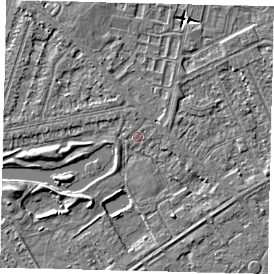 Shaded relief map of the ground around HU80SE, computed from Environment Agency LiDAR. The ground here sits at about 2 m above sea level and falls 5 m across the surrounding 800 m. Surface water reaching this point runs off ground lying to the south-west, 1.3 m higher.