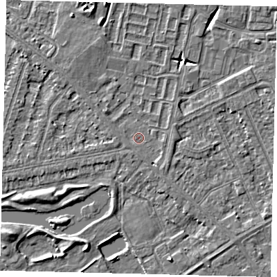Shaded relief map of the ground around HU80SG, computed from Environment Agency LiDAR. The ground here sits at about 2 m above sea level and falls 5 m across the surrounding 800 m. Surface water reaching this point runs off ground lying to the south-east, 1.3 m higher.