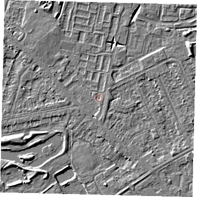 Shaded relief map of the ground around HU80SH, computed from Environment Agency LiDAR. The ground here sits at about 2 m above sea level and falls 6 m across the surrounding 800 m. Surface water reaching this point runs off ground lying to the south, 0.9 m higher.