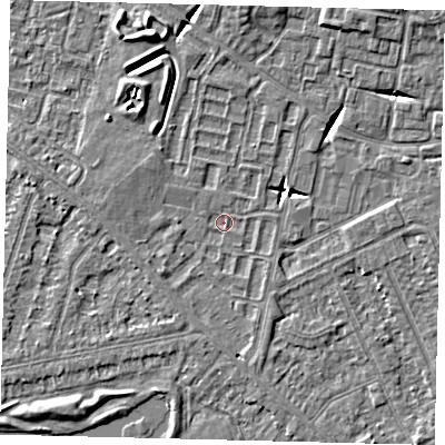 Shaded relief map of the ground around HU80SP, computed from Environment Agency LiDAR. The ground here sits at about 2 m above sea level and falls 7 m across the surrounding 800 m. Surface water reaching this point runs off ground lying to the west-north-west, 1.5 m higher.