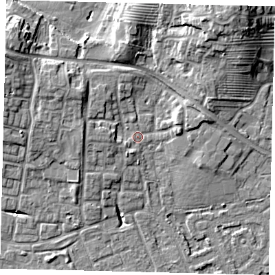 Shaded relief map of the ground around HU80SQ, computed from Environment Agency LiDAR. The ground here sits at about 3 m above sea level and falls 14 m across the surrounding 800 m. Surface water reaching this point runs off ground lying to the west-north-west, 3.4 m higher.