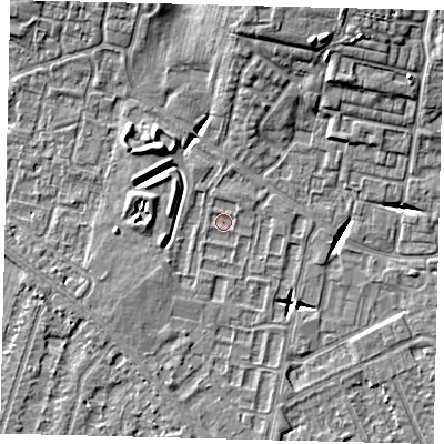 Shaded relief map of the ground around HU80SS, computed from Environment Agency LiDAR. The ground here sits at about 2 m above sea level and falls 11 m across the surrounding 800 m. Surface water reaching this point runs off ground lying to the north, 9.2 m higher.