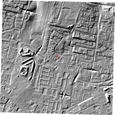 Shaded relief map of the ground around HU80TD, computed from Environment Agency LiDAR. The ground here sits at about 2 m above sea level and falls 12 m across the surrounding 800 m. Surface water reaching this point runs off ground lying to the north, 7.5 m higher.