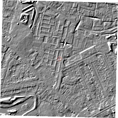 Shaded relief map of the ground around HU80TU, computed from Environment Agency LiDAR. The ground here sits at about 2 m above sea level and falls 7 m across the surrounding 800 m. Surface water reaching this point runs off ground lying to the south, 0.7 m higher.