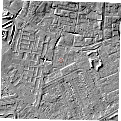 Shaded relief map of the ground around HU80TX, computed from Environment Agency LiDAR. The ground here sits at about 2 m above sea level and falls 8 m across the surrounding 800 m. Surface water reaching this point runs off ground lying to the east, 2.7 m higher.