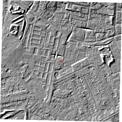 Shaded relief map of the ground around HU80TY, computed from Environment Agency LiDAR. The ground here sits at about 2 m above sea level and falls 7 m across the surrounding 800 m. Surface water reaching this point runs off ground lying to the east, 3.5 m higher.