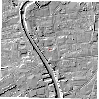 Shaded relief map of the ground around HU87AB, computed from Environment Agency LiDAR. The ground here sits at about 4 m above sea level and falls 8 m across the surrounding 800 m. Surface water reaching this point runs off ground lying to the west-south-west, 2.4 m higher.
