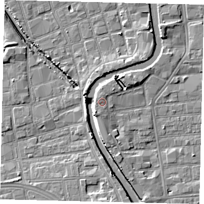 Shaded relief map of the ground around HU87AF, computed from Environment Agency LiDAR. The ground here sits at about 4 m above sea level and falls 7 m across the surrounding 800 m. Surface water reaching this point runs off ground lying to the south-south-west, 1.9 m higher.