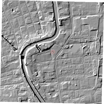 Shaded relief map of the ground around HU87AL, computed from Environment Agency LiDAR. The ground here sits at about 3 m above sea level and falls 7 m across the surrounding 800 m. Surface water reaching this point runs off ground lying to the west-north-west, 2.8 m higher.