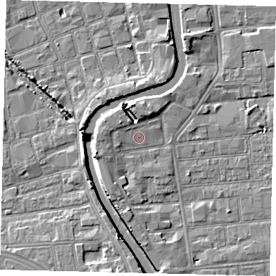 Shaded relief map of the ground around HU87AN, computed from Environment Agency LiDAR. The ground here sits at about 3 m above sea level and falls 7 m across the surrounding 800 m. Surface water reaching this point runs off ground lying to the north-north-west, 2.1 m higher.