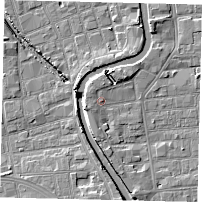 Shaded relief map of the ground around HU87AP, computed from Environment Agency LiDAR. The ground here sits at about 4 m above sea level and falls 7 m across the surrounding 800 m. Surface water reaching this point runs off ground lying to the west-south-west, 2.6 m higher.