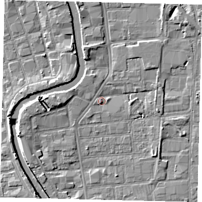 Shaded relief map of the ground around HU87BA, computed from Environment Agency LiDAR. The ground here sits at about 3 m above sea level and falls 7 m across the surrounding 800 m. Surface water reaching this point runs off ground lying to the east, 2.1 m higher.
