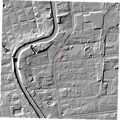 Shaded relief map of the ground around HU87BB, computed from Environment Agency LiDAR. The ground here sits at about 3 m above sea level and falls 7 m across the surrounding 800 m. Surface water reaching this point runs off ground lying to the west-north-west, 0.8 m higher.