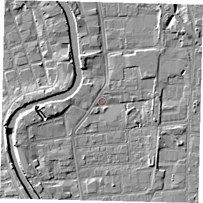 Shaded relief map of the ground around HU87BE, computed from Environment Agency LiDAR. The ground here sits at about 2 m above sea level and falls 7 m across the surrounding 800 m. Surface water reaching this point runs off ground lying to the east-south-east, 2.1 m higher.